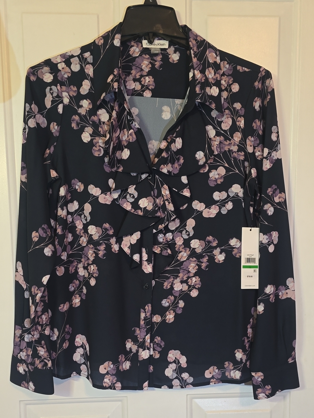 Calvin Klein Navy Floral Ruffle-Front Blouse